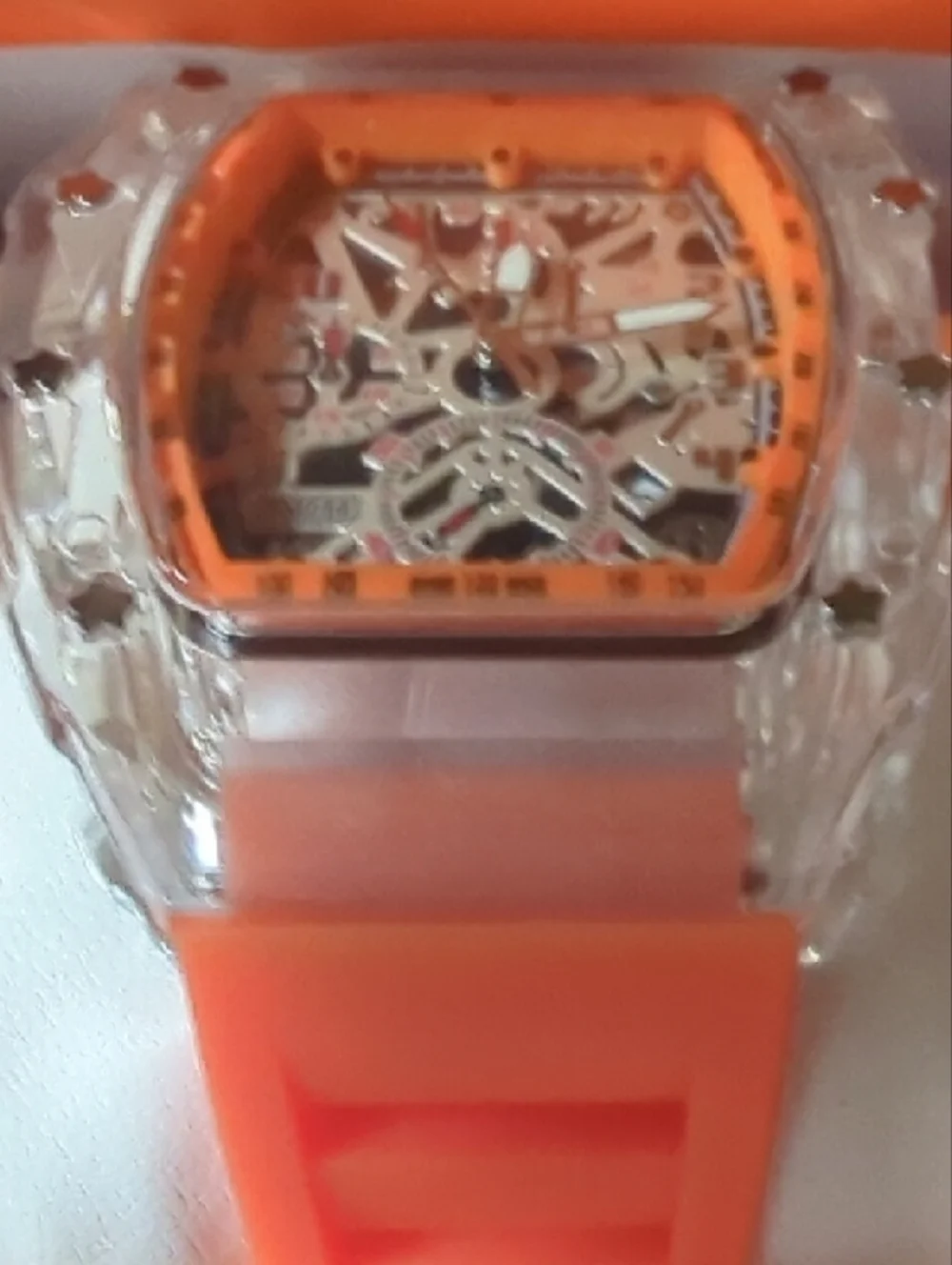 Transparent Case Orange Strap Skeleton Dial Sport Watch
